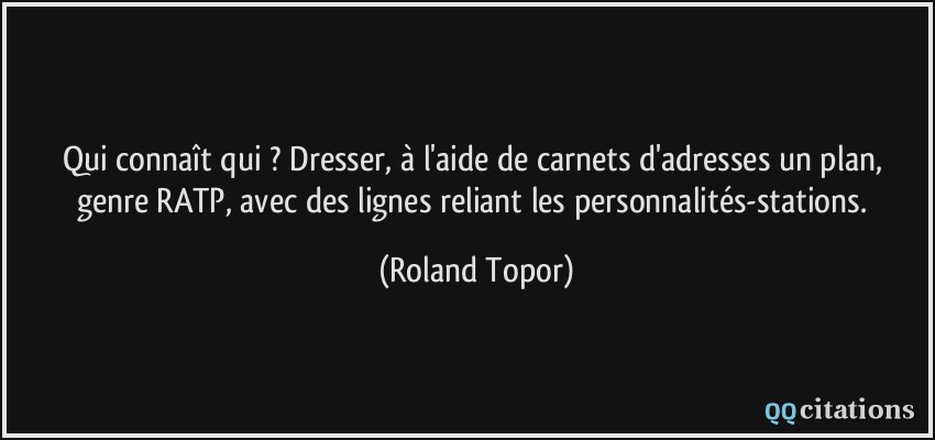 Qui connaît qui ? Dresser, à l'aide de carnets d'adresses un plan, genre RATP, avec des lignes reliant les personnalités-stations.  - Roland Topor