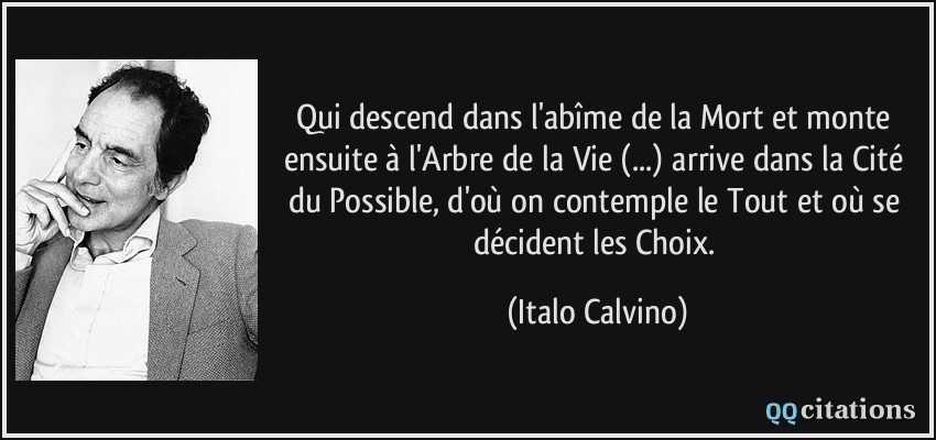 Qui descend dans l'abîme de la Mort et monte ensuite à l'Arbre de la Vie (...) arrive dans la Cité du Possible, d'où on contemple le Tout et où se décident les Choix.  - Italo Calvino