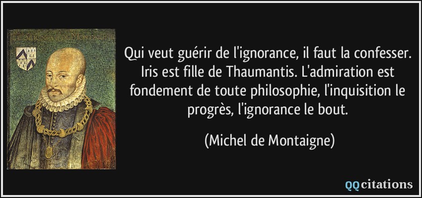 Qui veut guérir de l'ignorance, il faut la confesser. Iris est fille de Thaumantis. L'admiration est fondement de toute philosophie, l'inquisition le progrès, l'ignorance le bout.  - Michel de Montaigne