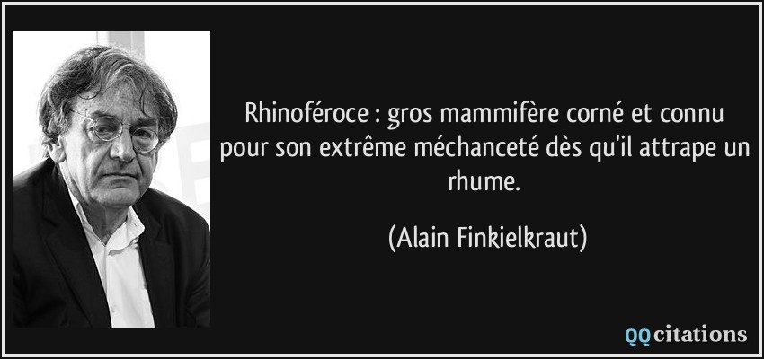Rhinoféroce : gros mammifère corné et connu pour son extrême méchanceté dès qu'il attrape un rhume.  - Alain Finkielkraut