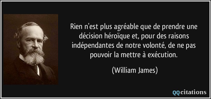 Rien n'est plus agréable que de prendre une décision héroïque et, pour des raisons indépendantes de notre volonté, de ne pas pouvoir la mettre à exécution.  - William James