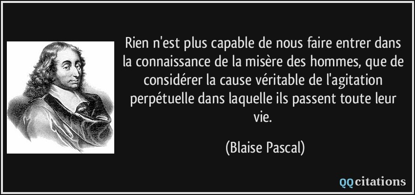 Rien n'est plus capable de nous faire entrer dans la connaissance de la misère des hommes, que de considérer la cause véritable de l'agitation perpétuelle dans laquelle ils passent toute leur vie.  - Blaise Pascal