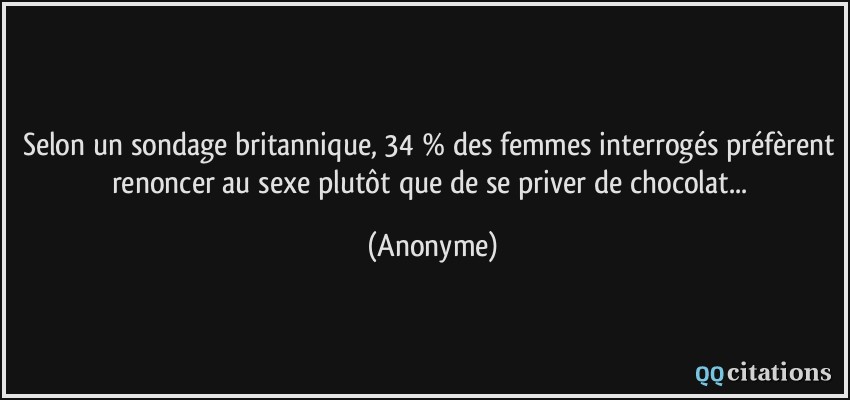 Selon un sondage britannique, 34 % des femmes interrogés préfèrent renoncer au sexe plutôt que de se priver de chocolat...  - Anonyme