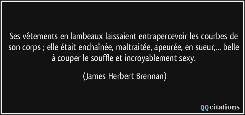 Ses vêtements en lambeaux laissaient entrapercevoir les courbes de son corps ; elle était enchaînée, maltraitée, apeurée, en sueur,... belle à couper le souffle et incroyablement sexy.  - James Herbert Brennan