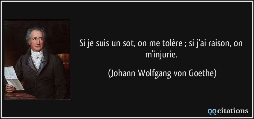 Si je suis un sot, on me tolère ; si j'ai raison, on m'injurie.  - Johann Wolfgang von Goethe