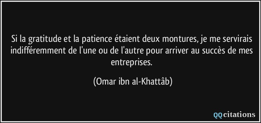 Si la gratitude et la patience étaient deux montures, je me servirais indifféremment de l'une ou de l'autre pour arriver au succès de mes entreprises.  - Omar ibn al-Khattâb