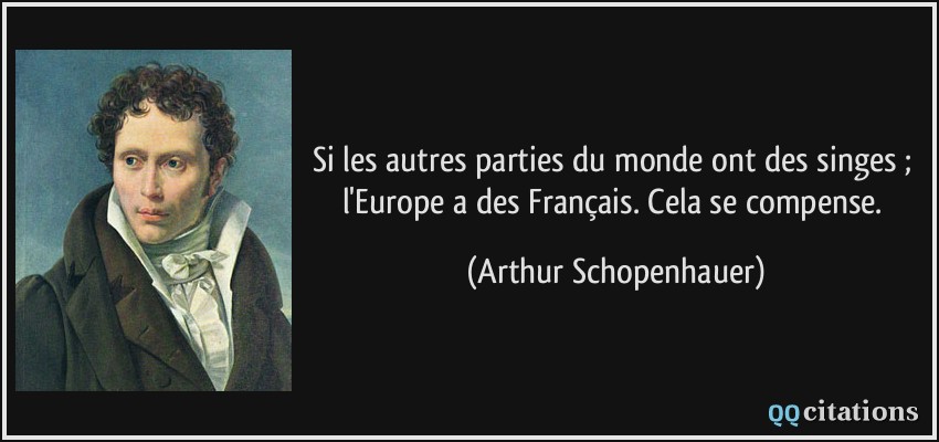 Si les autres parties du monde ont des singes ; l'Europe a des Français. Cela se compense.  - Arthur Schopenhauer