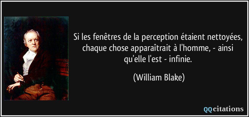 Si les fenêtres de la perception étaient nettoyées, chaque chose apparaîtrait à l'homme, - ainsi qu'elle l'est - infinie.  - William Blake