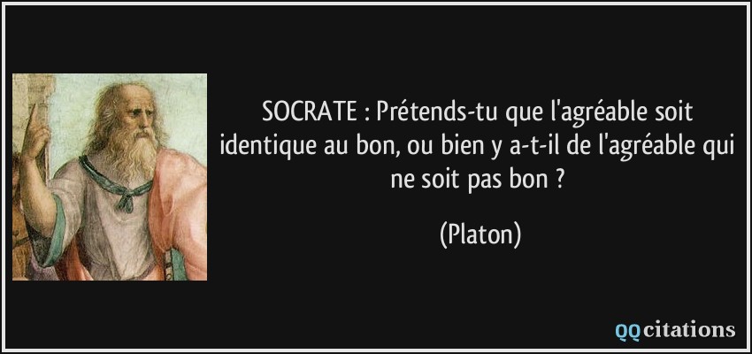 SOCRATE : Prétends-tu que l'agréable soit identique au bon, ou bien y a-t-il de l'agréable qui ne soit pas bon ?  - Platon