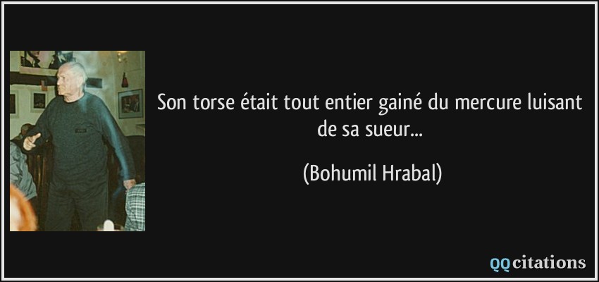 Son torse était tout entier gainé du mercure luisant de sa sueur...  - Bohumil Hrabal