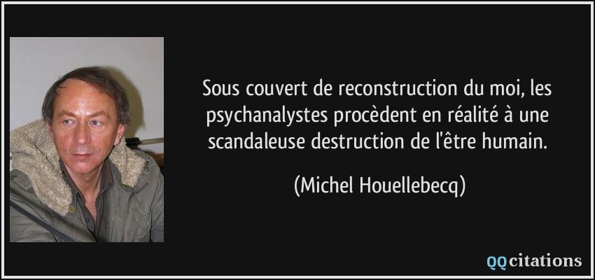 Sous couvert de reconstruction du moi, les psychanalystes procèdent en réalité à une scandaleuse destruction de l'être humain.  - Michel Houellebecq