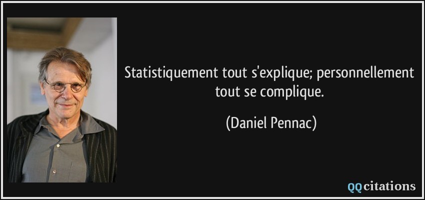 Statistiquement tout s'explique; personnellement tout se complique.  - Daniel Pennac