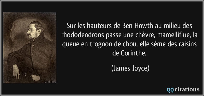 Sur les hauteurs de Ben Howth au milieu des rhododendrons passe une chèvre, mamelliflue, la queue en trognon de chou, elle sème des raisins de Corinthe.  - James Joyce