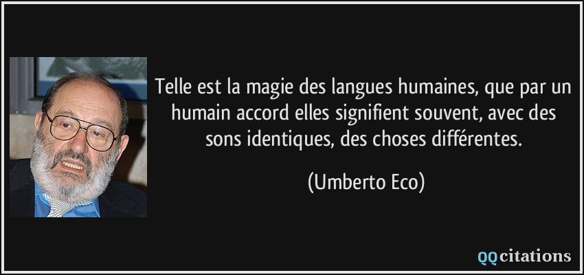 Telle est la magie des langues humaines, que par un humain accord elles signifient souvent, avec des sons identiques, des choses différentes.  - Umberto Eco