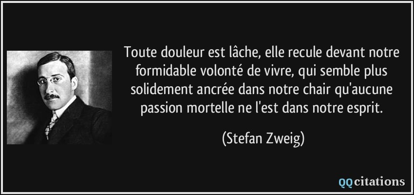 Toute douleur est lâche, elle recule devant notre formidable volonté de vivre, qui semble plus solidement ancrée dans notre chair qu'aucune passion mortelle ne l'est dans notre esprit.  - Stefan Zweig