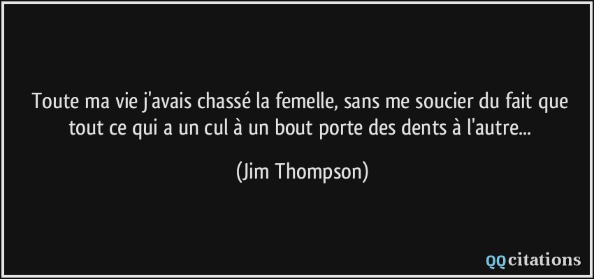 Toute ma vie j'avais chassé la femelle, sans me soucier du fait que tout ce qui a un cul à un bout porte des dents à l'autre...  - Jim Thompson