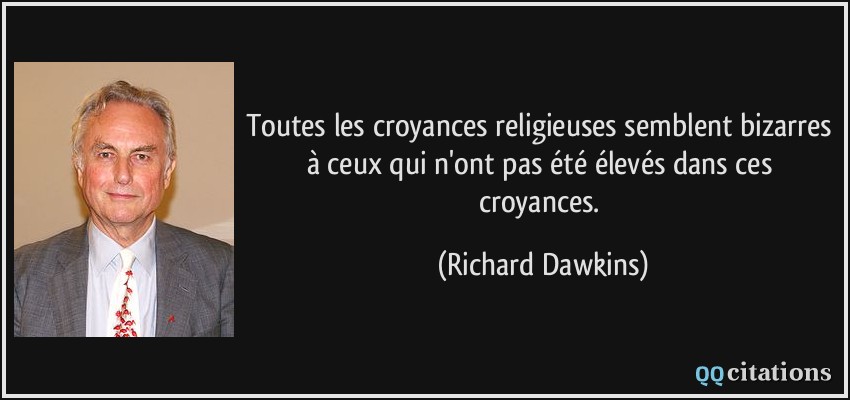 Toutes les croyances religieuses semblent bizarres à ceux qui n'ont pas été élevés dans ces croyances.  - Richard Dawkins
