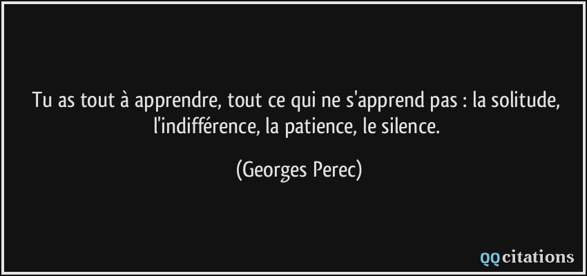 Tu as tout à apprendre, tout ce qui ne s'apprend pas : la solitude, l'indifférence, la patience, le silence.  - Georges Perec