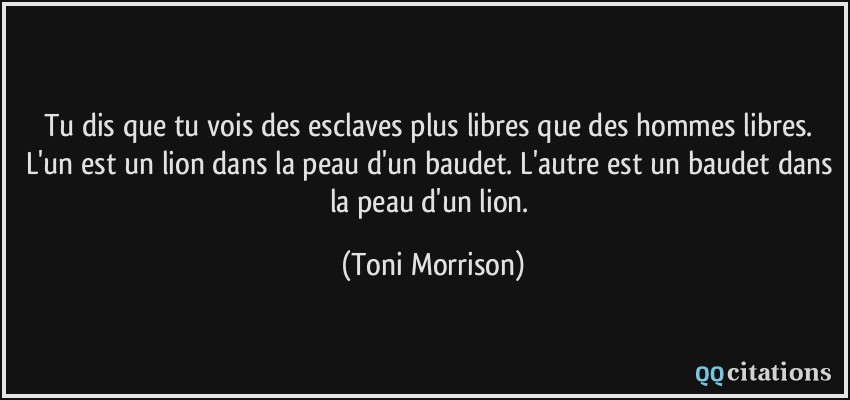 Tu dis que tu vois des esclaves plus libres que des hommes libres. L'un est un lion dans la peau d'un baudet. L'autre est un baudet dans la peau d'un lion.  - Toni Morrison