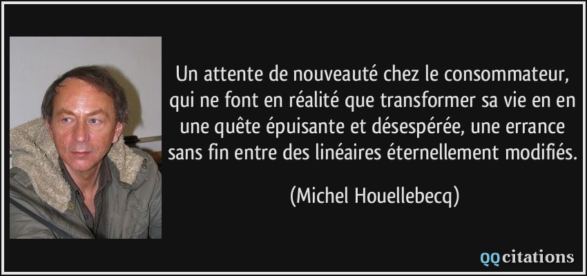 Un attente de nouveauté chez le consommateur, qui ne font en réalité que transformer sa vie en en une quête épuisante et désespérée, une errance sans fin entre des linéaires éternellement modifiés.  - Michel Houellebecq