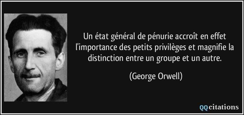 Un état général de pénurie accroît en effet l'importance des petits privilèges et magnifie la distinction entre un groupe et un autre.  - George Orwell
