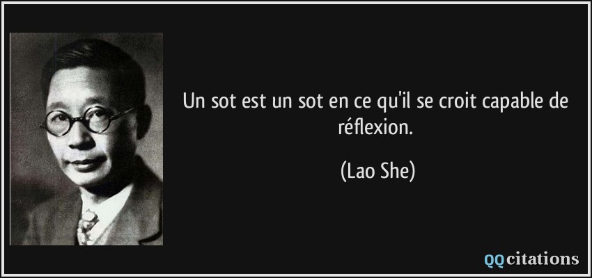 Un sot est un sot en ce qu'il se croit capable de réflexion.  - Lao She