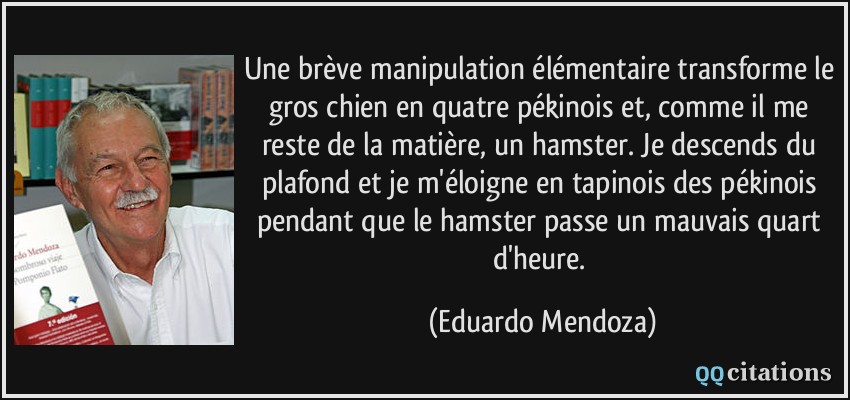 Une brève manipulation élémentaire transforme le gros chien en quatre pékinois et, comme il me reste de la matière, un hamster. Je descends du plafond et je m'éloigne en tapinois des pékinois pendant que le hamster passe un mauvais quart d'heure.  - Eduardo Mendoza