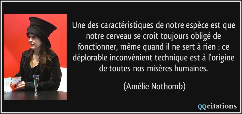 Une des caractéristiques de notre espèce est que notre cerveau se croit toujours obligé de fonctionner, même quand il ne sert à rien : ce déplorable inconvénient technique est à l'origine de toutes nos misères humaines.  - Amélie Nothomb