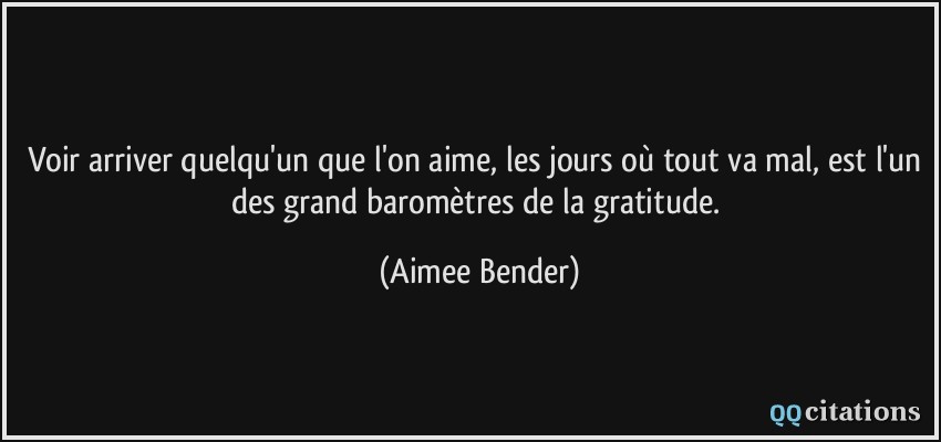 Voir arriver quelqu'un que l'on aime, les jours où tout va mal, est l'un des grand baromètres de la gratitude.  - Aimee Bender