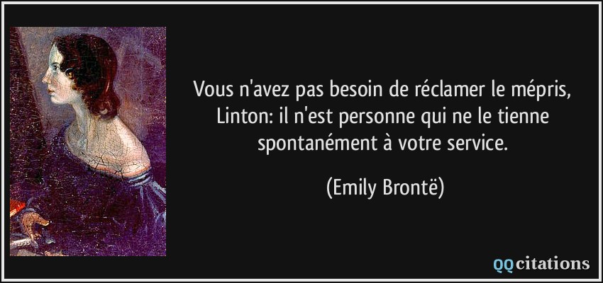 Vous n'avez pas besoin de réclamer le mépris, Linton: il n'est personne qui ne le tienne spontanément à votre service.  - Emily Brontë