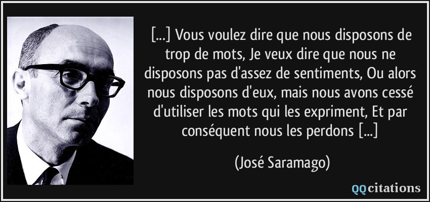[...] Vous voulez dire que nous disposons de trop de mots, Je veux dire que nous ne disposons pas d'assez de sentiments, Ou alors nous disposons d'eux, mais nous avons cessé d'utiliser les mots qui les expriment, Et par conséquent nous les perdons [...]  - José Saramago