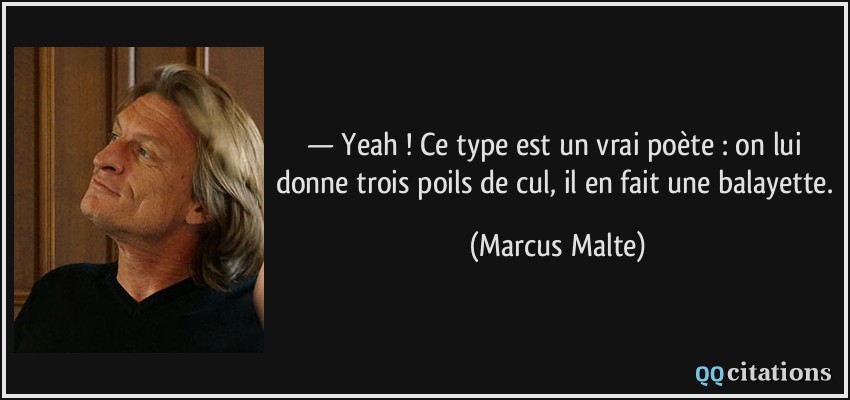 — Yeah ! Ce type est un vrai poète : on lui donne trois poils de cul, il en fait une balayette.  - Marcus Malte